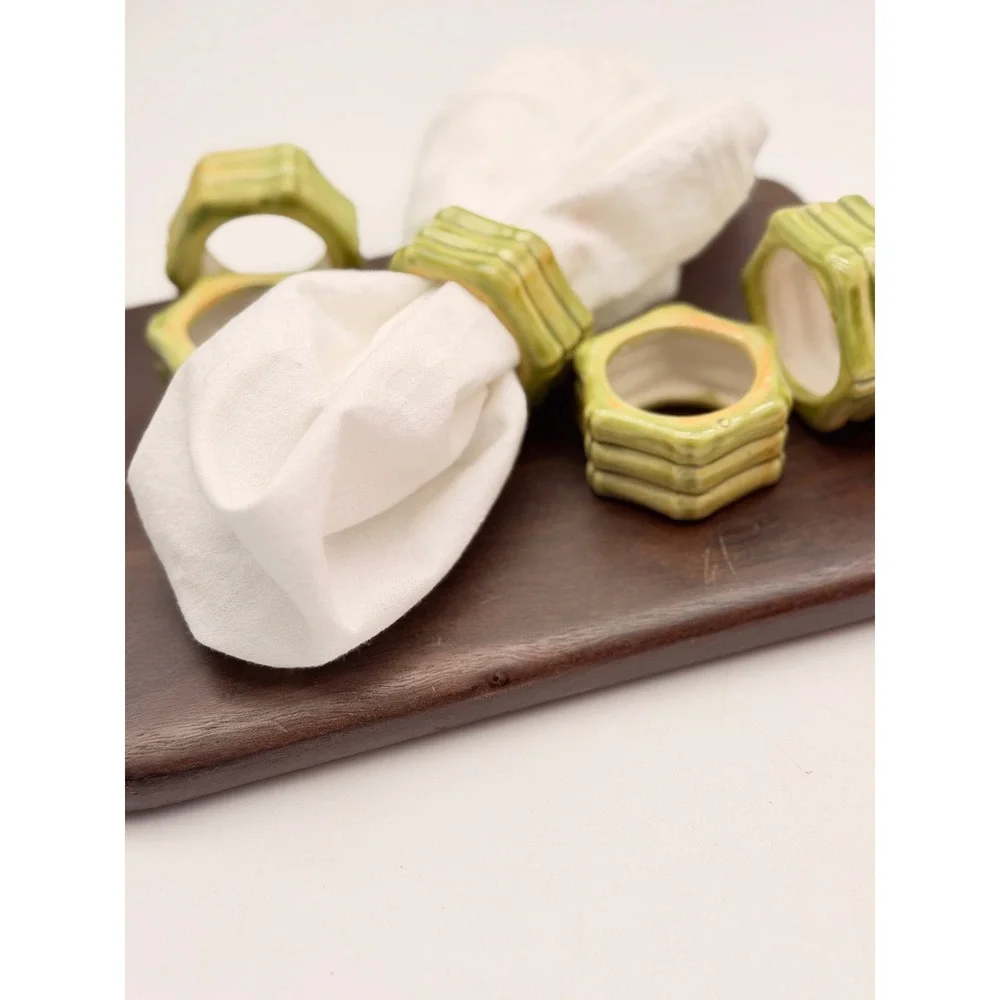 Vintage Green Faux Bamboo Ceramic Napkin Rings Set  5 Hexagon Chinoiserie Glazed
